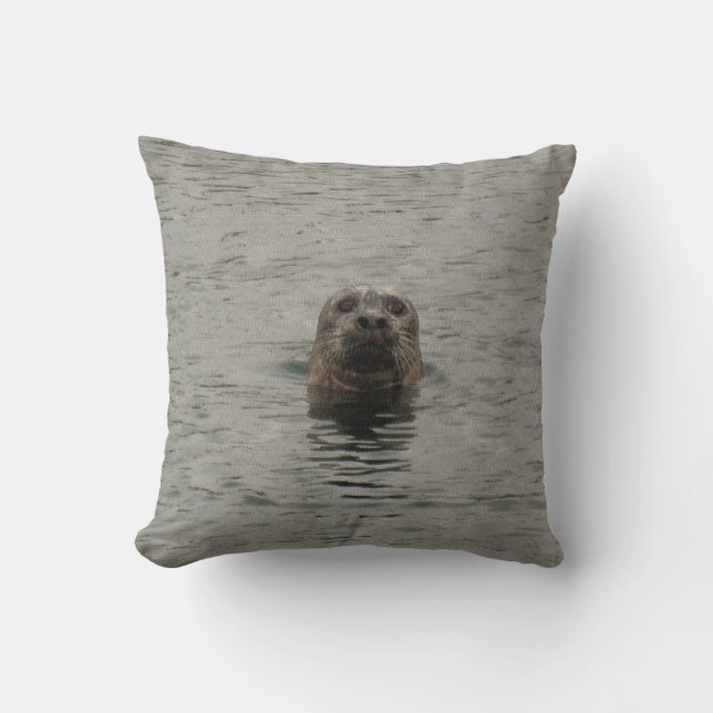 Sad Harbour Seal in the Rain Wildlife Art Throw Pillow (Front)