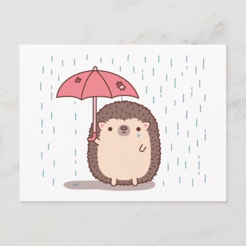 Sad Hedgehog Holding Umbrella In Rain Postcard