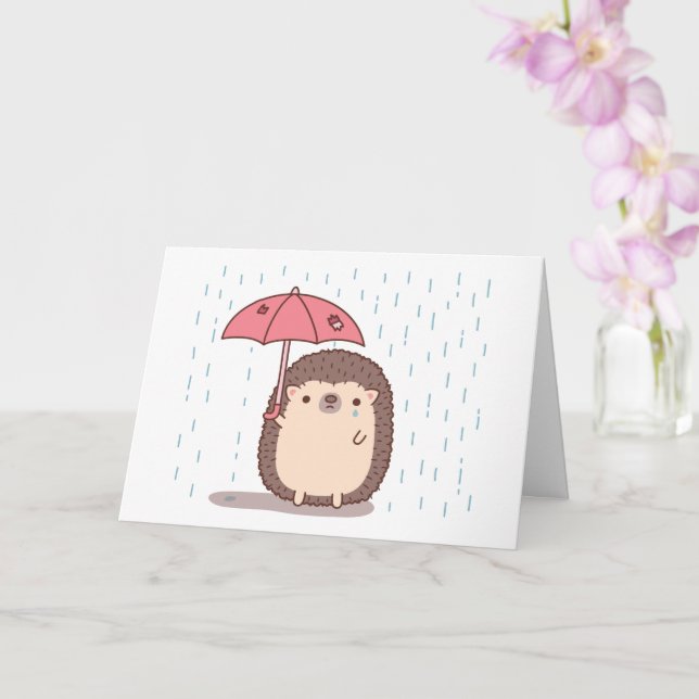 Sad Hedgehog With Umbrella In Rain, Farewell Card (Orchid)