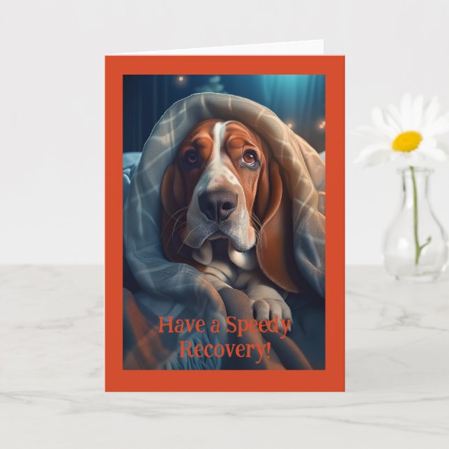 Sad Hound Get Well, 5" x 7" Folded Greeting Card (Small Plant)