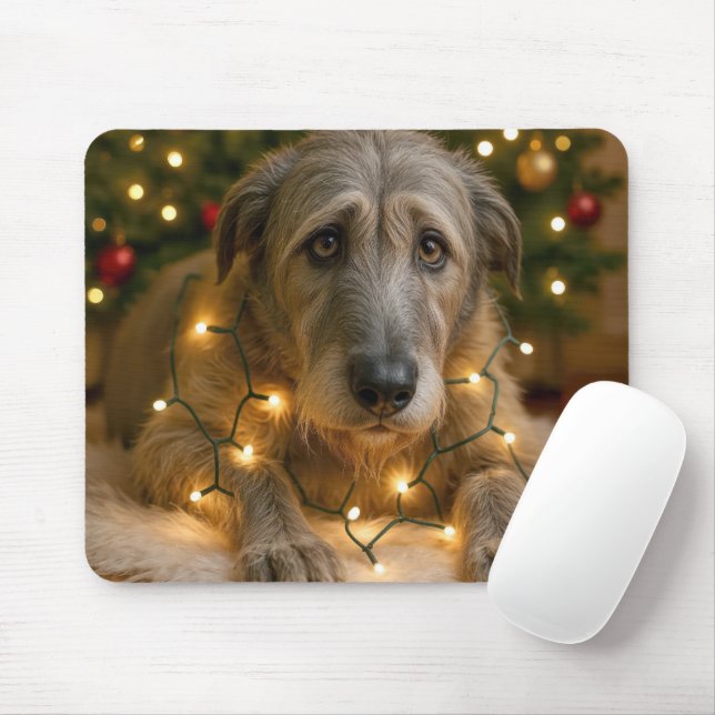 Sad Irish Wolfhound Tangled In Holiday Lights Mouse Pad (With Mouse)