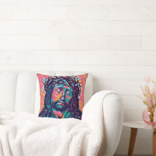 Sad Jesus Christ Face Thorn Crown Abstract art Throw Pillow
