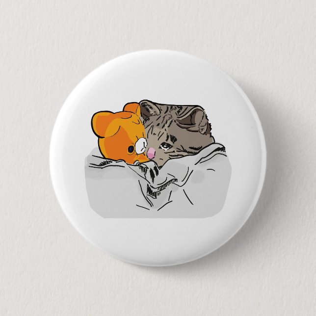 Sad Kitten Cat Crying bed with Teddy Meme Button (Front)