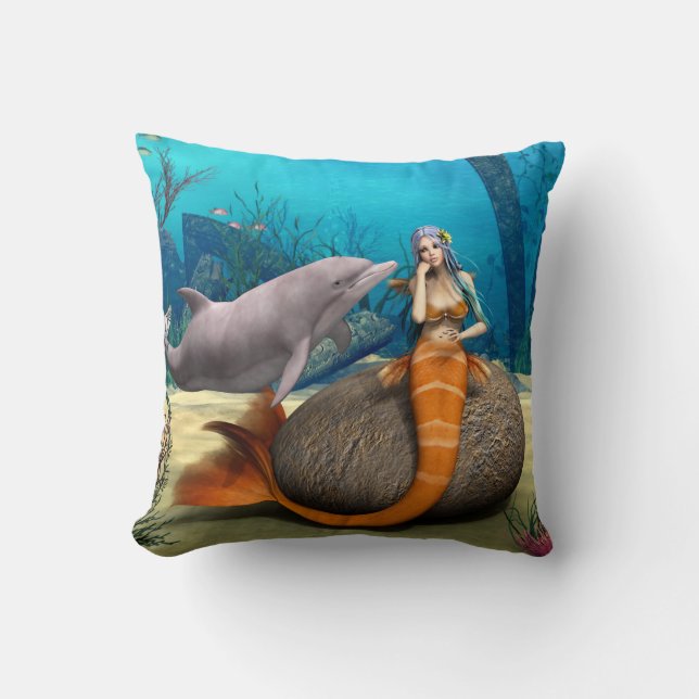 Sad Mermaid and Dolphin Throw Pillow (Front)