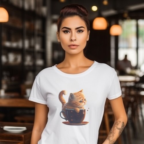 Sad Orange Tabby Cat in Coffee Cup Graphic  T_Shirt