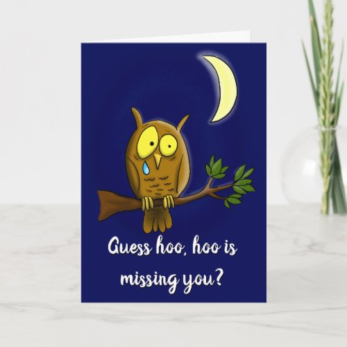 Sad owl with tear and moon missing you cartoon card