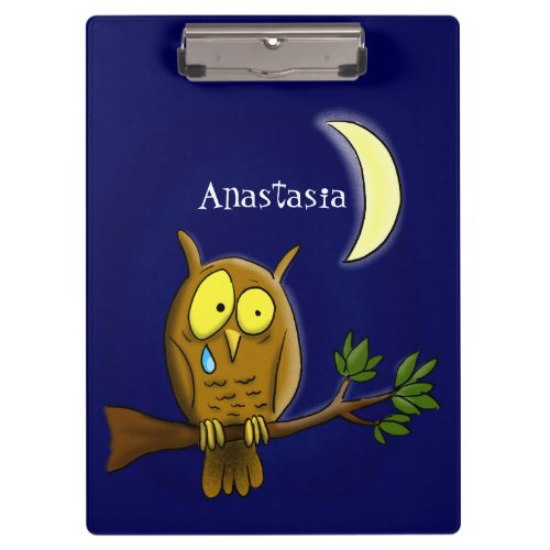 Sad owl with tear and moon missing you cartoon clipboard