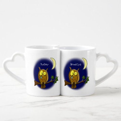 Sad owl with tear and moon missing you cartoon coffee mug set