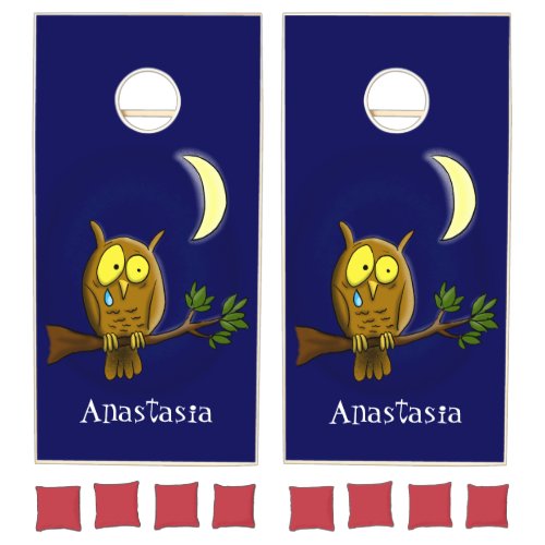 Sad owl with tear and moon missing you cartoon cornhole set