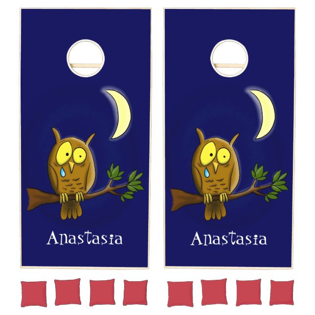 Sad owl with tear and moon missing you cartoon cornhole set (Set)