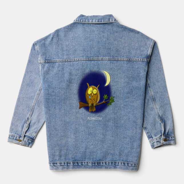 Sad owl with tear and moon missing you cartoon denim jacket (Back)