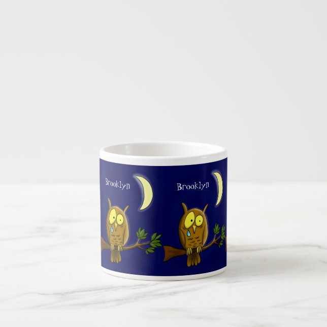 Sad owl with tear and moon missing you cartoon espresso cup (Front)