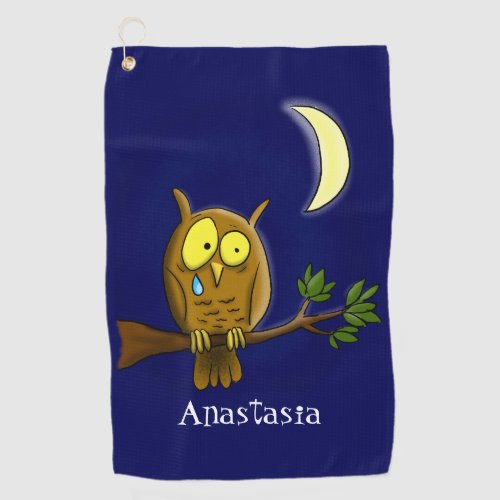 Sad owl with tear and moon missing you cartoon golf towel