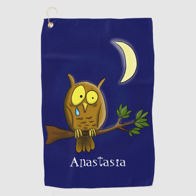 Sad owl with tear and moon missing you cartoon golf towel (Front)