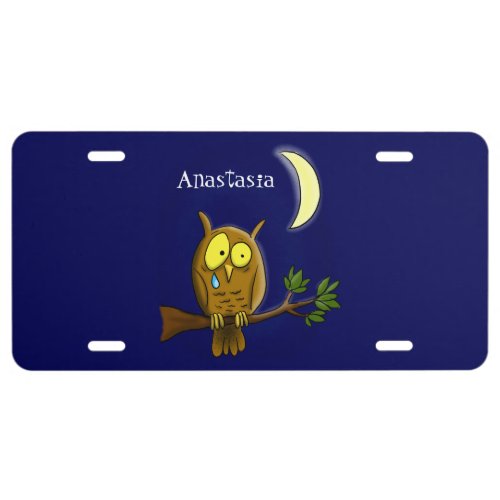 Sad owl with tear and moon missing you cartoon  license plate