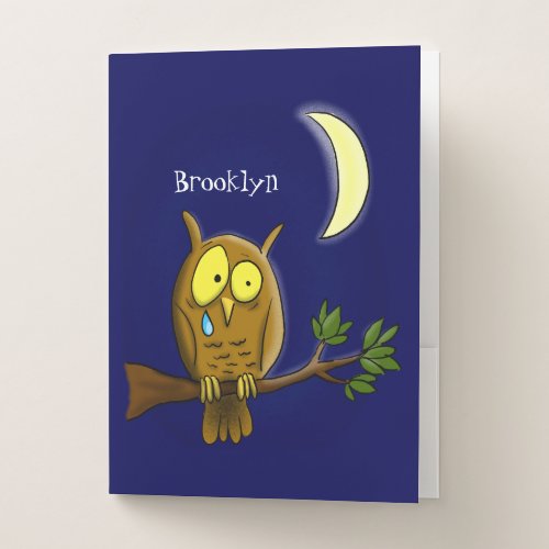 Sad owl with tear and moon missing you cartoon pocket folder