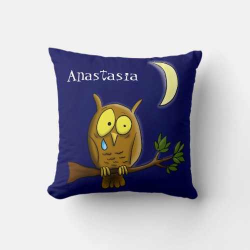Sad owl with tear and moon missing you cartoon throw pillow