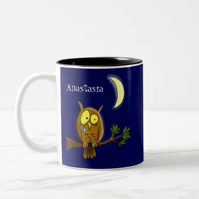 Sad owl with tear and moon missing you cartoon Two-Tone coffee mug (Left)