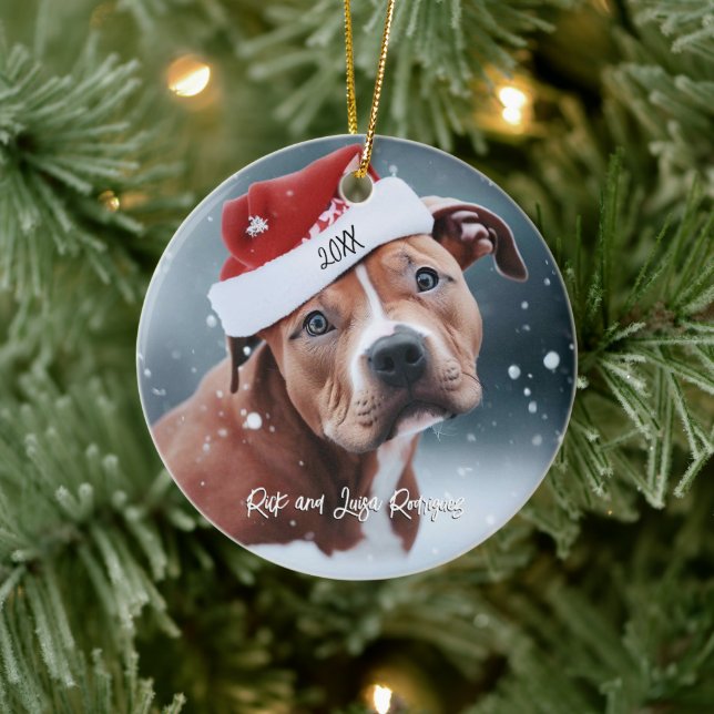 Sad Pit Bull with Santa Hat Christmas Ceramic Ornament (Tree)