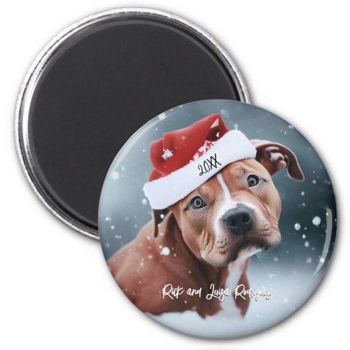 Sad Pit Bull with Santa Hat Christmas Magnet