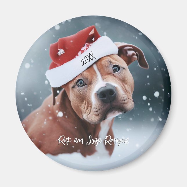Sad Pit Bull with Santa Hat Christmas Magnet (Front)