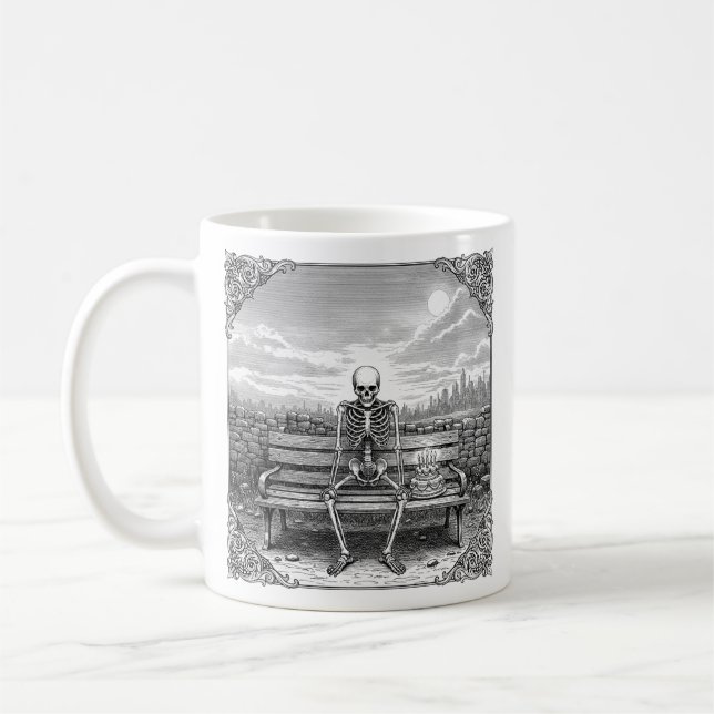 Sad Skeleton with Birthday Cake Funny Goth Gift Coffee Mug (Left)