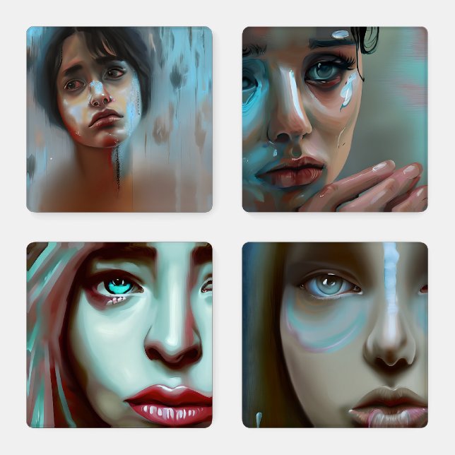 Sad Solemn Women | Ai Generated Faces Coaster Set (Set)