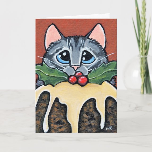 Sad Tabby Cat and Christmas Pudding Painting Holiday Card (Front)