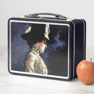 Sad Vintage Victorian Woman with Feather Hat Metal Lunch Box