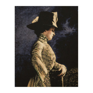 Sad Vintage Victorian Woman with Feather Hat Wood Wall Art