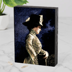 Sad Vintage Victorian Woman with Feather Hat Wooden Box Sign