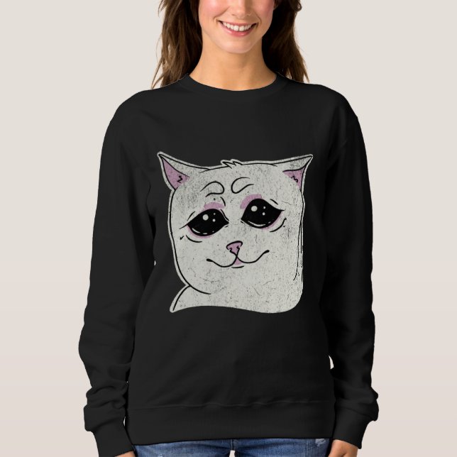 Sad White Cat Meme  Sarcastic Kitty Animal  Retro Sweatshirt (Front)