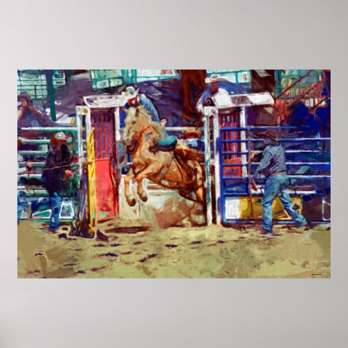Saddle Bronc Breaking Out of Rodeo Chute w Cowboy Poster