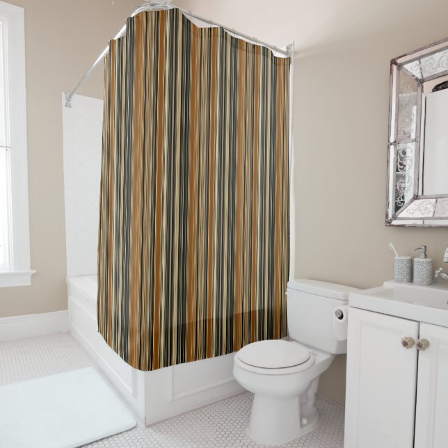 Saddle Brown and Black Striped Pattern Shower Curtain (In Situ)