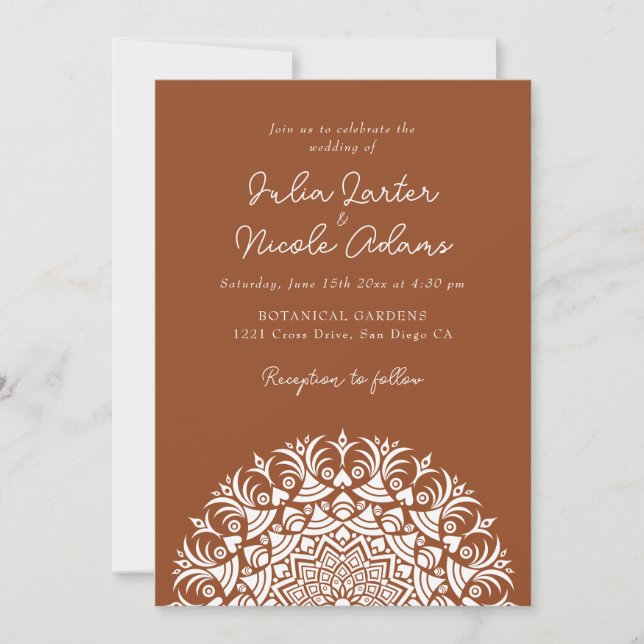 Saddle Brown Burnt Copper Abstract Mandala Wedding Invitation (Front)