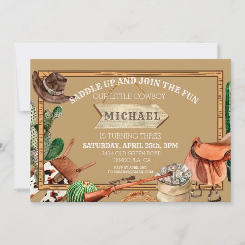 Saddle Up Cowboy Birthday Watercolor Western Invitation