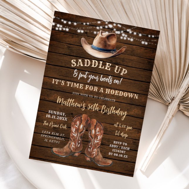 Saddle Up Cowboy Boots Rustic Birthday Hoedown Invitation (Creator Uploaded)