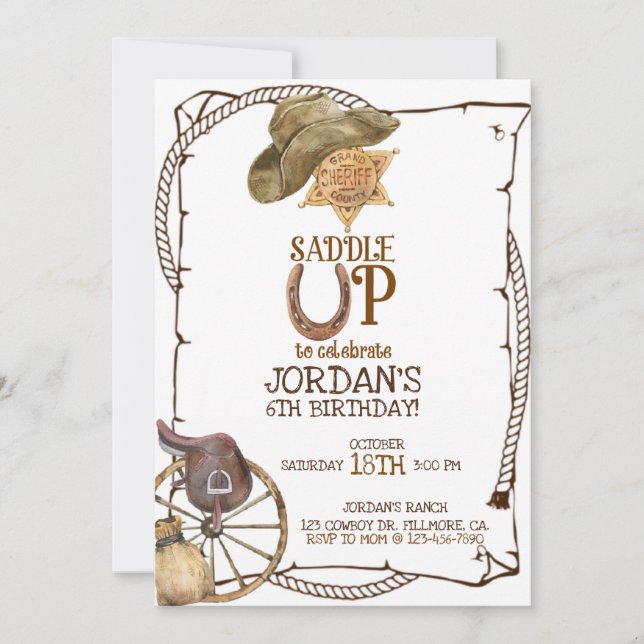SADDLE UP, COWBOY PARTY, BOY BIRTHDAY,WESTERN ANNOUNCEMENT (Front)