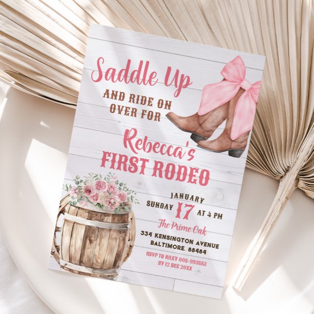 Saddle Up Cowgirl Boots with Pink Bow First Rodeo Invitation (Creator Uploaded)