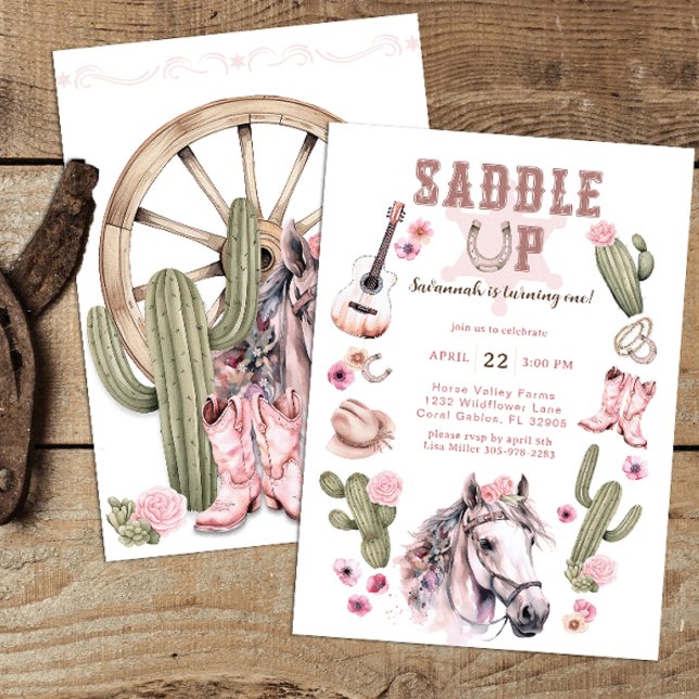 Saddle Up Cowgirl Horse 1st Birthday Party Invitation (Horse Birthday Party Invite)