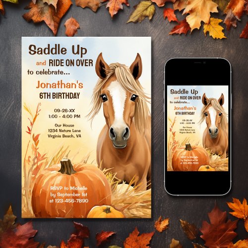 Saddle Up Cute Autumn Horse Fall Birthday Invitation