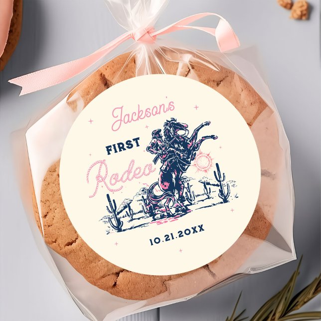 Saddle up First Rodeo Cowboy Birthday Classic Round Sticker (Creator Uploaded)