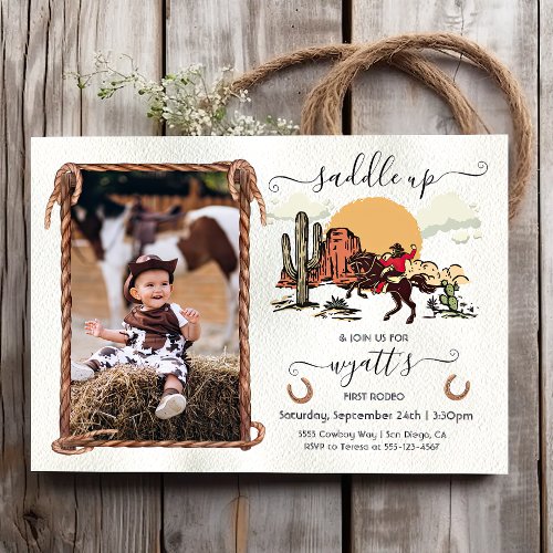 Saddle up First Rodeo Cowboy Photo Birthday Party Invitation