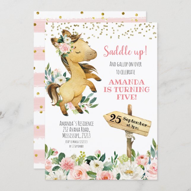 Saddle up Girl Floral Horse Birthday Invitation (Front/Back)