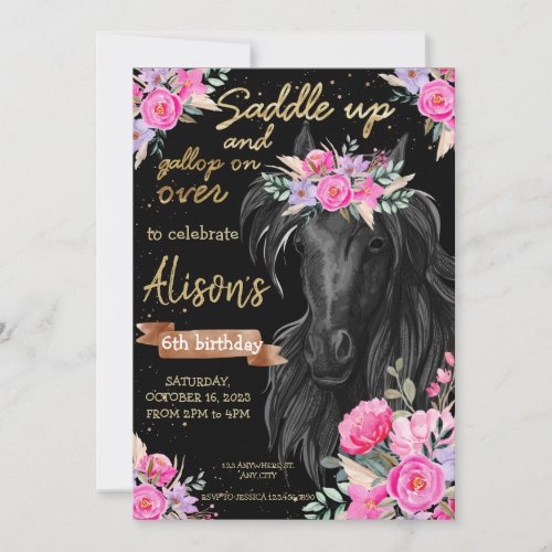 Saddle Up gold Black Horse Cowgirl Birthday Invitation