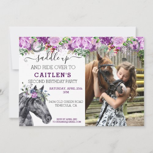 Saddle Up Horse Lover Floral Purple Pretty Glitter Invitation