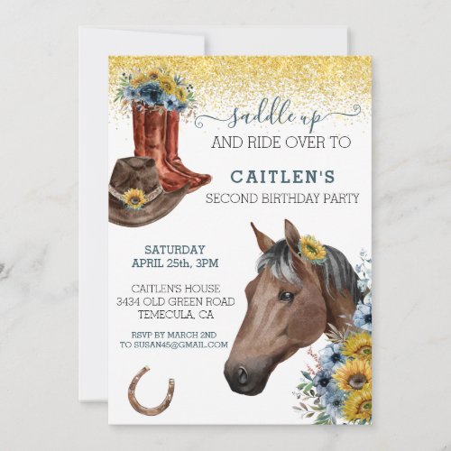 Saddle Up Horse Lover Sunflower Birthday   Invitation