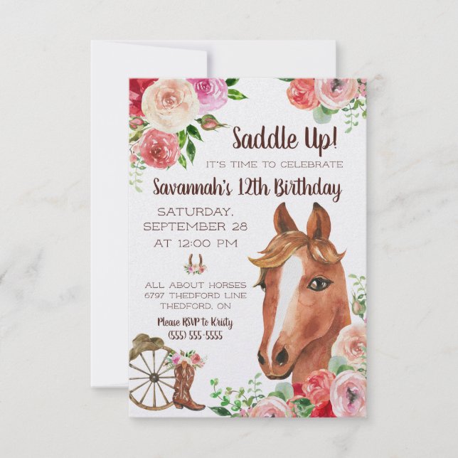 Saddle Up! It's time to celebrate!  Horse Birthday Invitation (Front)