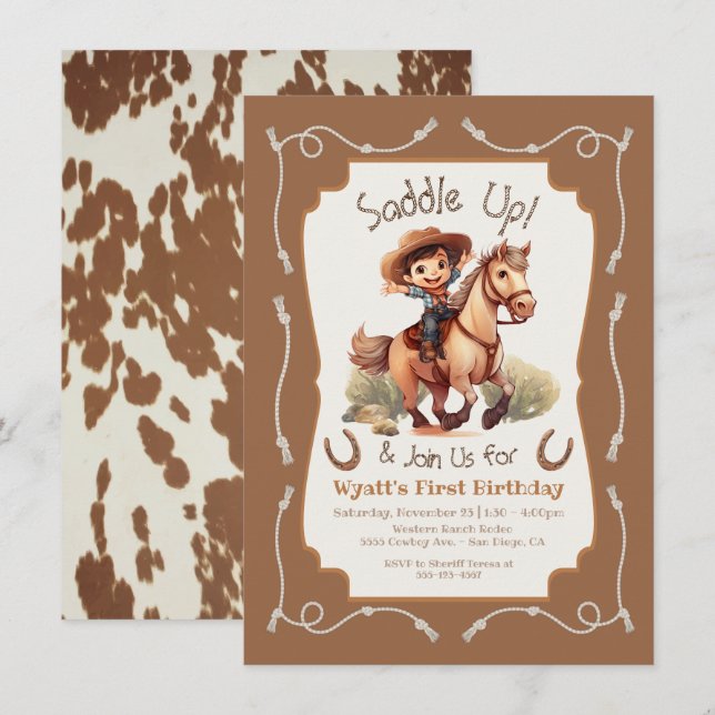 Saddle up little Cowboy horse birthday party Invitation (Front/Back)