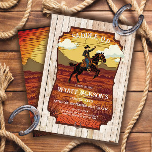 Saddle up little Cowboy Western Woodcut Birthday Invitation